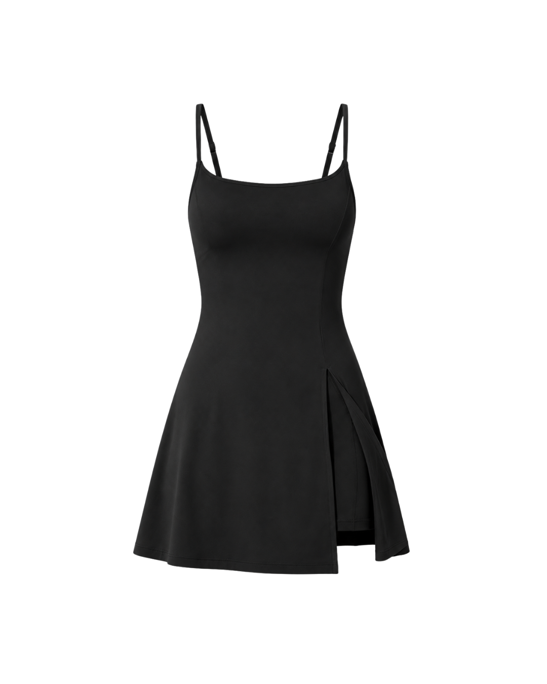 Largo Lifedress in Onyx black, front view of women's dress with built-in shorts